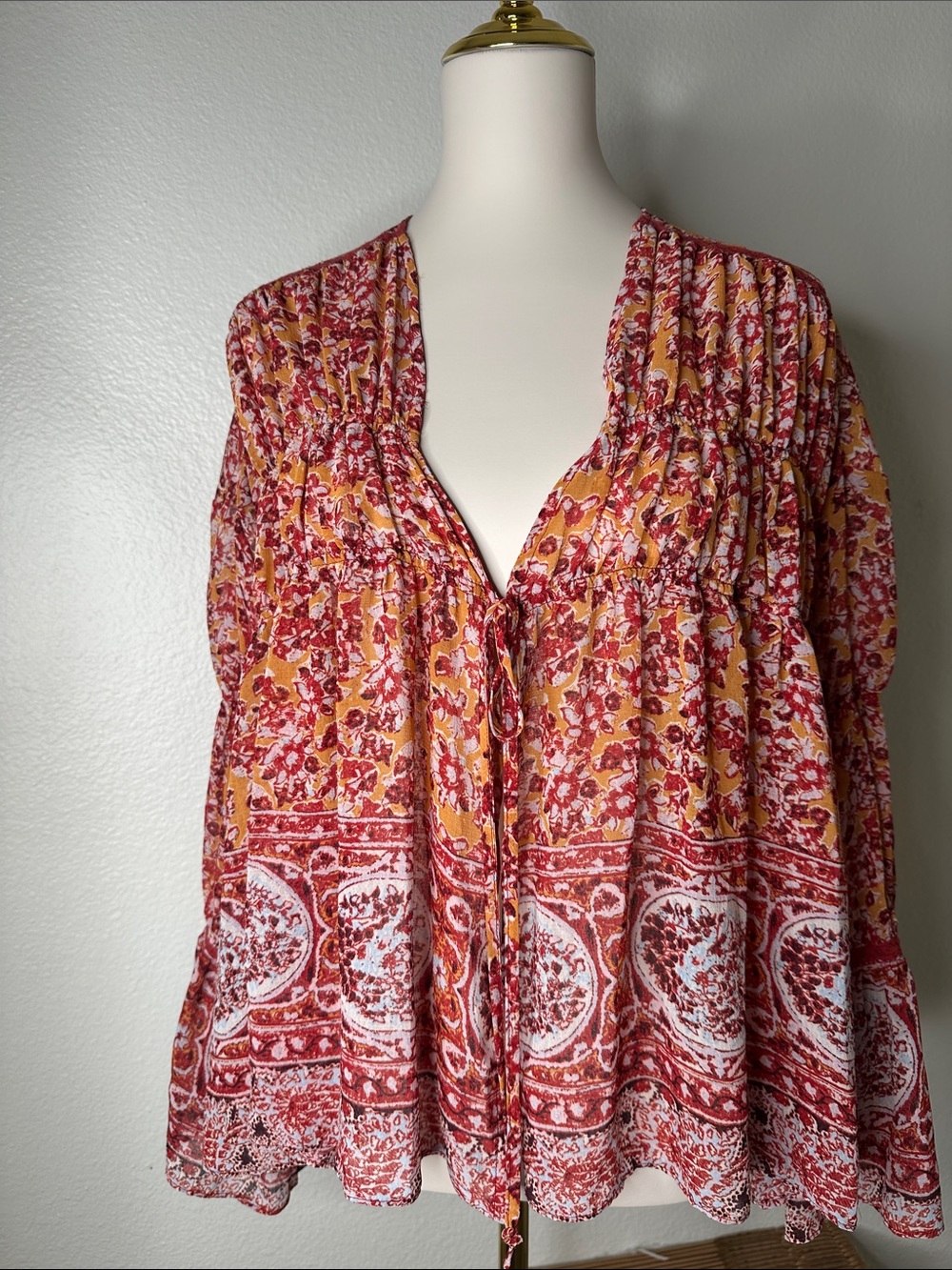 Free People Floral Tie-Front Tunic in Red & Mustard